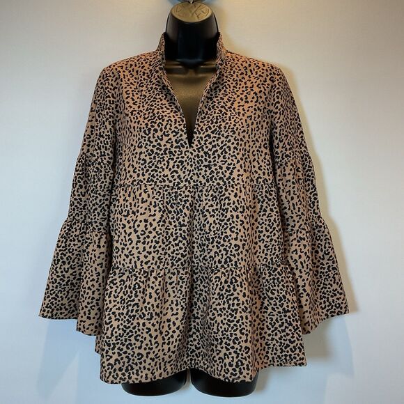 Tuckernuck Leopard Print Tiered Ruffle Blouse XS Tan Black Animal Print - Picture 2 of 7
